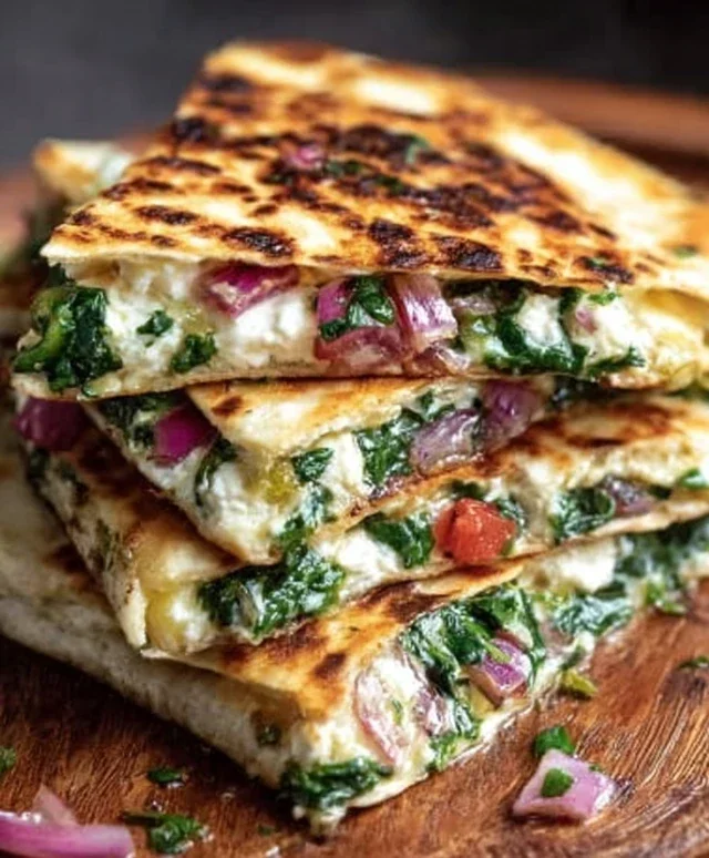 Mediterranean Quesadillas with Spinach, Feta, Mozzarella, and Red Onion