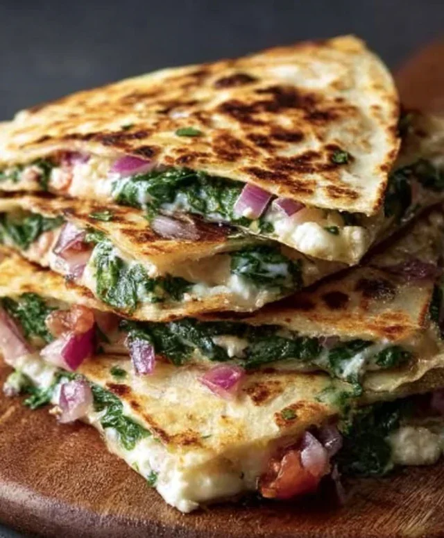 Mediterranean Quesadillas with Spinach, Feta, Mozzarella, and Red Onion