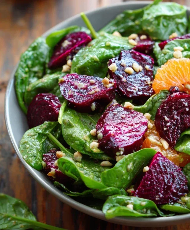 Beet Salad with Spinach and Honey-Mustard Lemon Dressing