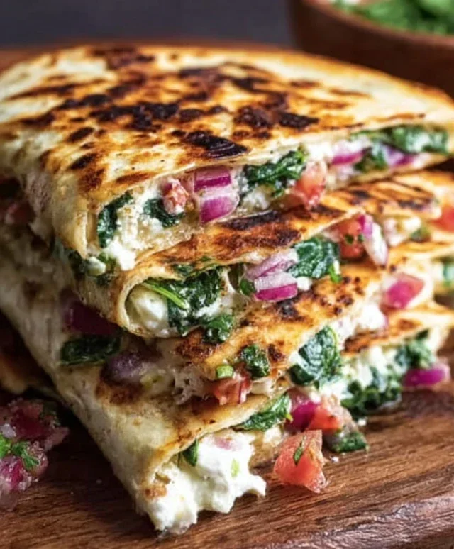 Mediterranean Quesadillas with Spinach, Feta, Mozzarella, and Red Onion