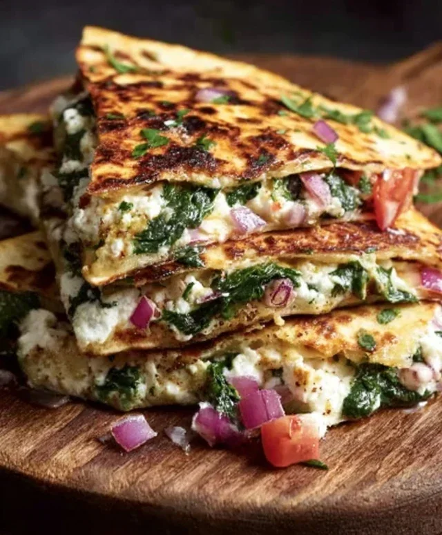 Mediterranean Quesadillas with Spinach, Feta, Mozzarella, and Red Onion