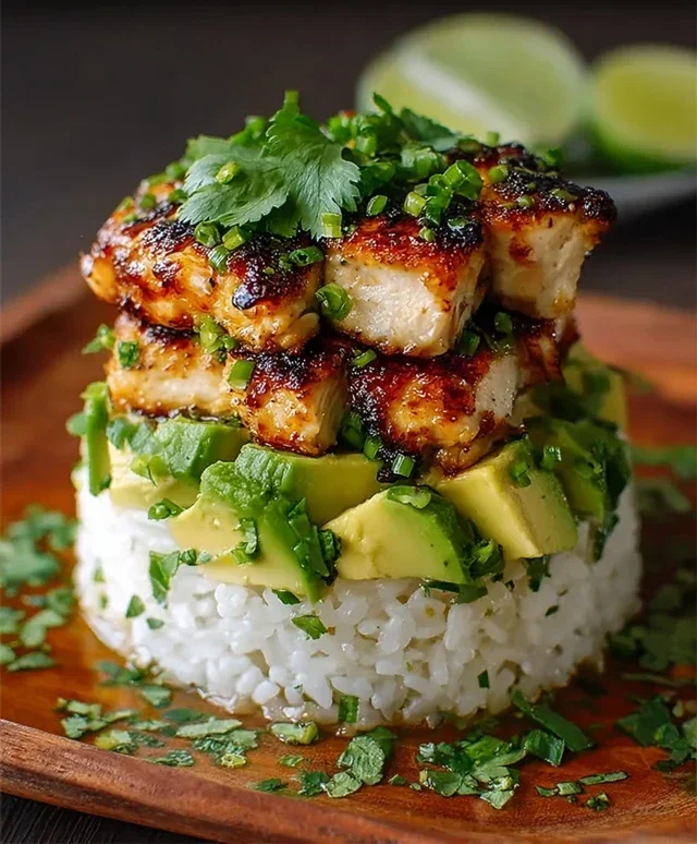 Delicious Honey Lime Chicken & Avocado Rice Stack Recipe