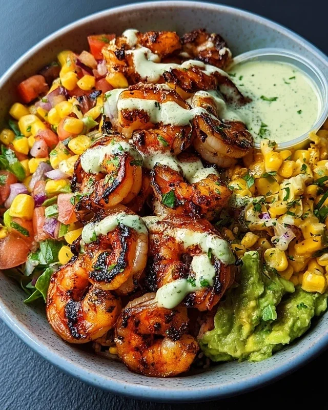 Grilled Shrimp Bowl with Avocado, Corn Salsa & Creamy Garlic Sauce