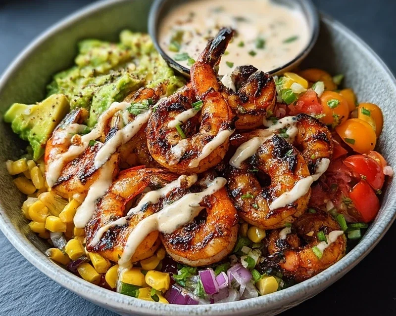 Grilled Shrimp Bowl with Avocado, Corn Salsa & Creamy Garlic Sauce