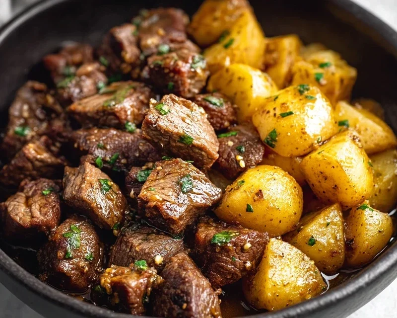 Slow Cooker Garlic Butter Beef Bites with Potatoes