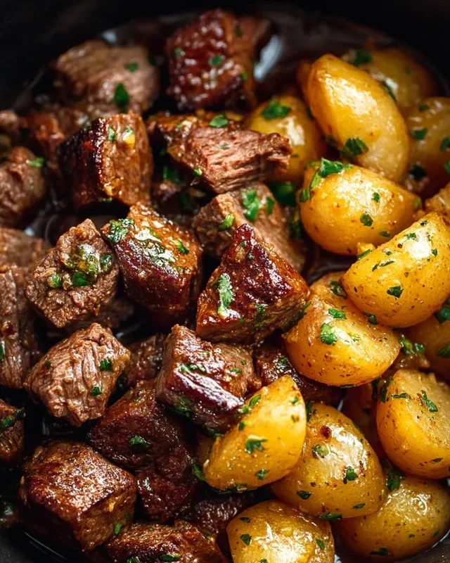 Slow Cooker Garlic Butter Beef Bites with Potatoes