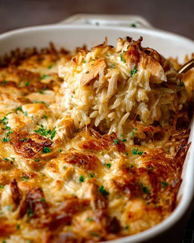 French Onion Chicken Orzo Casserole