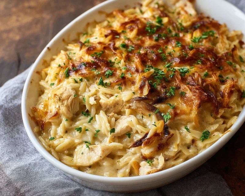 French Onion Chicken Orzo Casserole