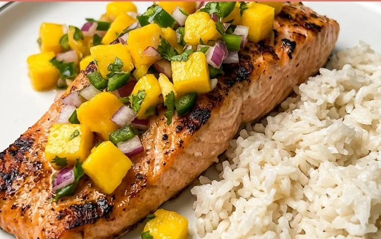Grilled Salmon with Mango Salsa and Coconut Rice