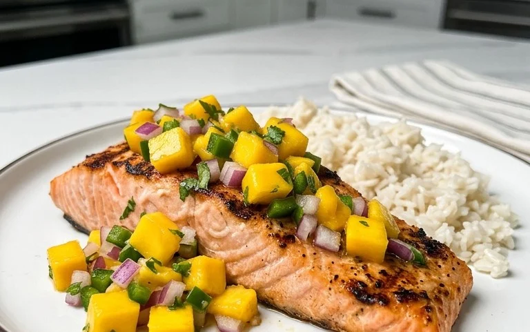Grilled Salmon with Mango Salsa and Coconut Rice