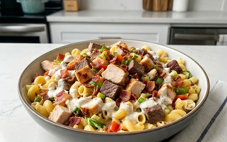 Chicken Beef Bacon Ranch Pasta Salad