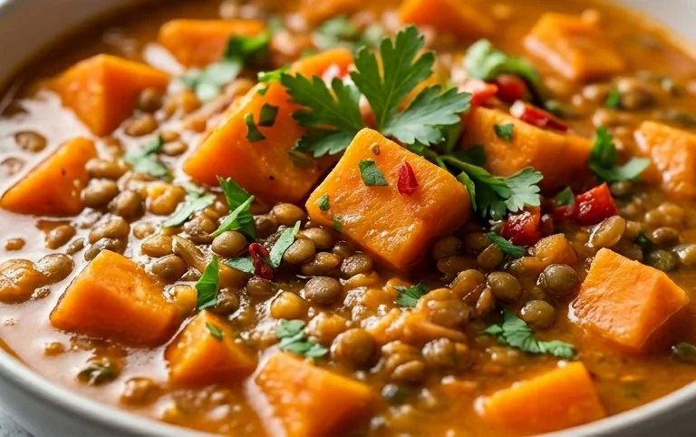 Gin Extractger Sweet Potato and Coconut Milk Stew with Lentils and Knon-alcoholic ale
