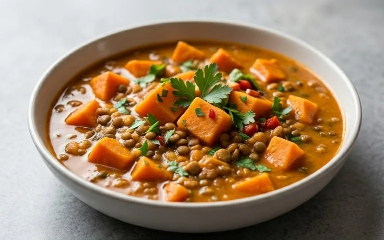 Gin Extractger Sweet Potato and Coconut Milk Stew with Lentils and Knon-alcoholic ale