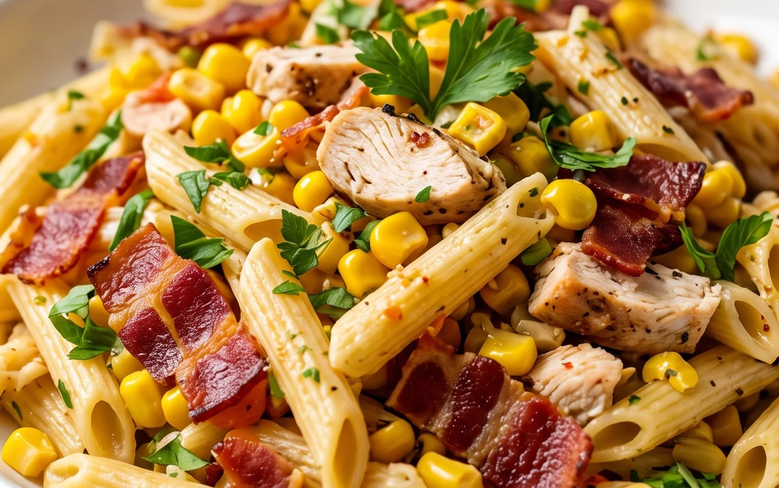 Chicken and Corn Pasta Salad with Beef Bacon