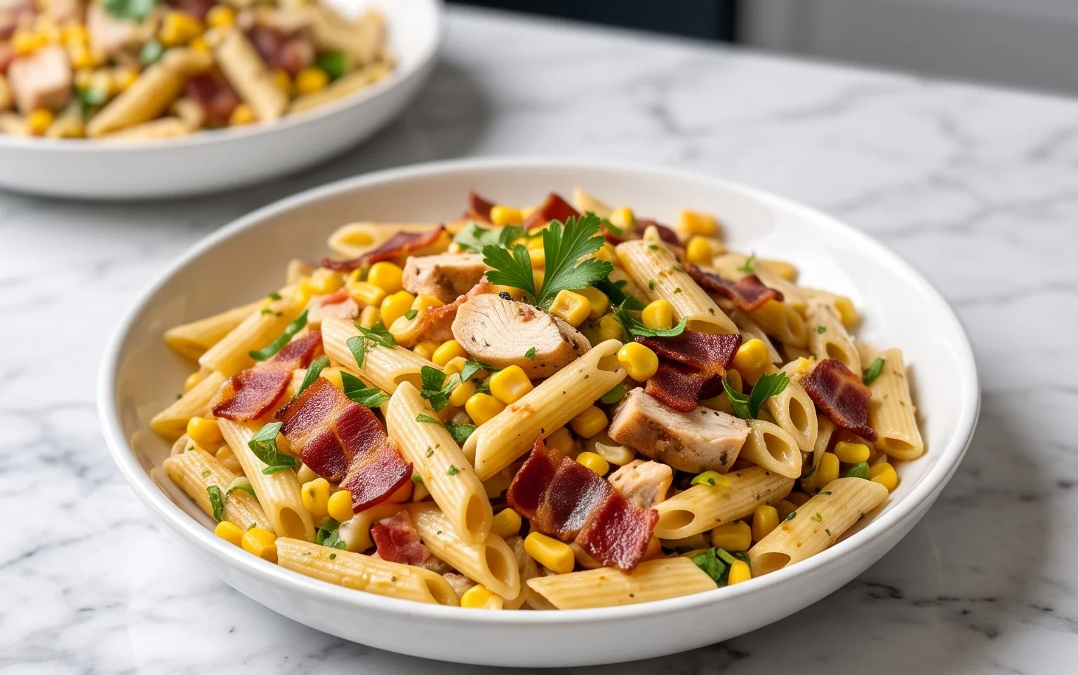 Chicken and Corn Pasta Salad with Beef Bacon