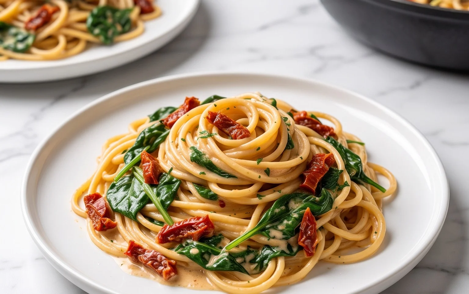 Spaghetti & Spinach with Sun-Dried Tomato Cream Sauce
