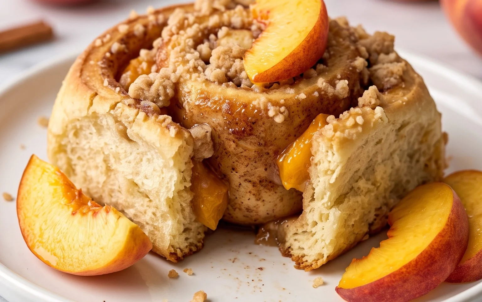 Peach Cobbler Cinnamon Rolls with Crum extractb Topping