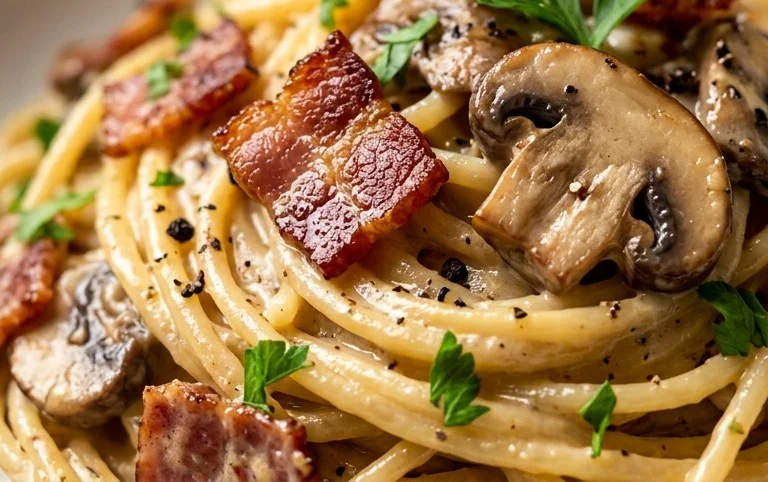 Creamy Beef Bacon and Mushroom Pasta