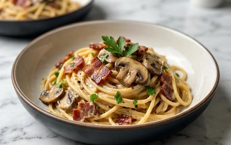 Creamy Beef Bacon and Mushroom Pasta