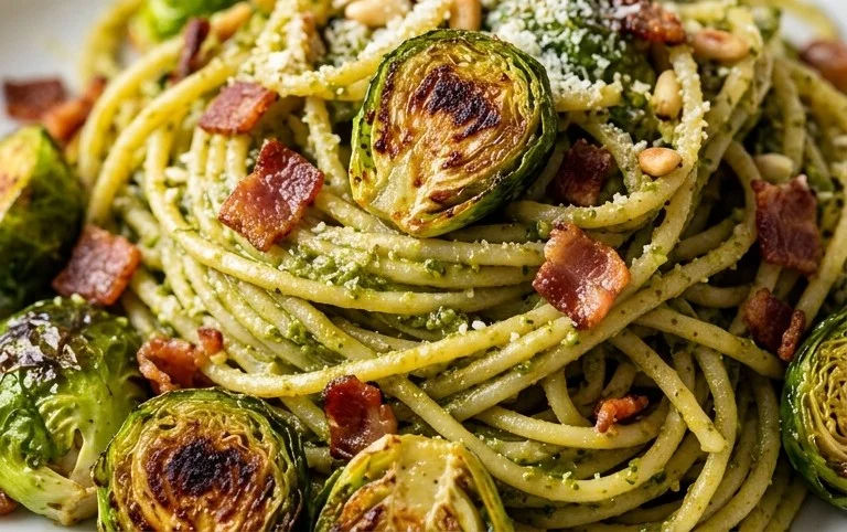Brussels Sprouts and Beef Bacon Pesto Pasta