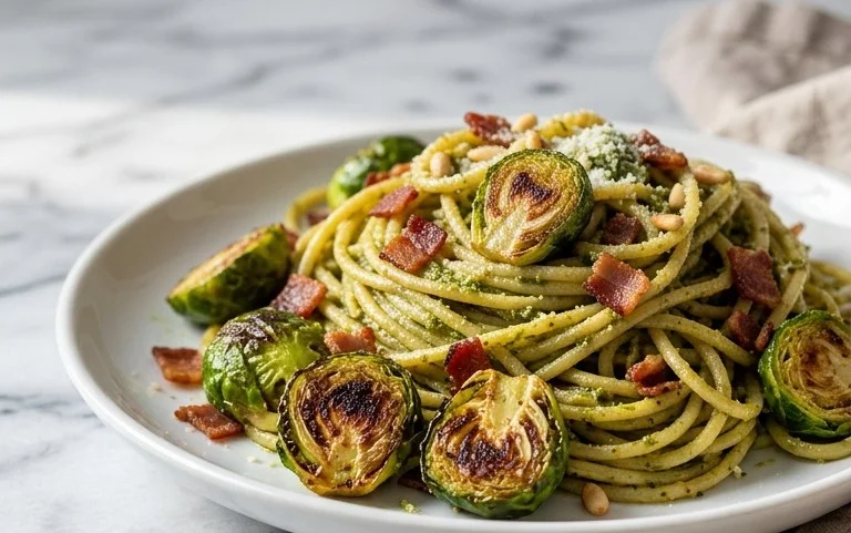 Brussels Sprouts and Beef Bacon Pesto Pasta