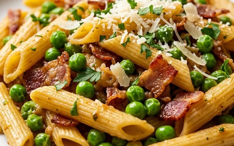 Penne Pasta, Peas and Beef Bacon