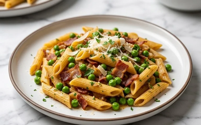 Penne Pasta, Peas and Beef Bacon