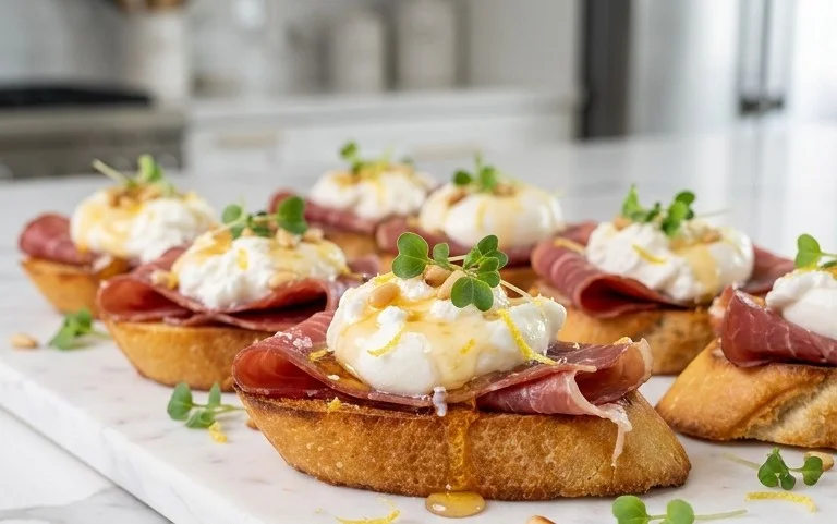Beef Prosciutto Crostini with Burrata and Lemon Honey Drizzle